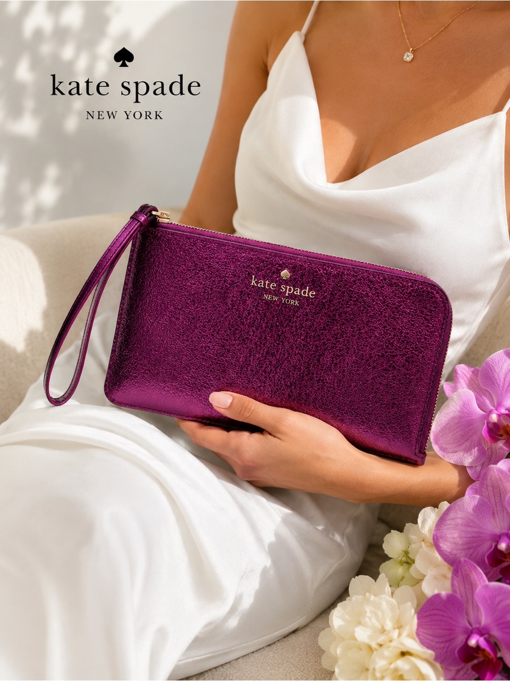 Kate Spade Lucy Dark Raspberry Metallic Wristlet Wallet NWT Large Phone size